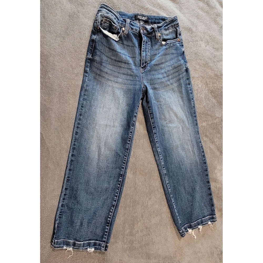 Judy Blue Womens High Waist Wide Leg Jeans Medium Wash Raw Hem JB88592 Size 7/28